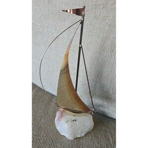Vtg MCM Signed John De Mott Brass Copper Sailboat Art Sculpture Onyx Base Boat